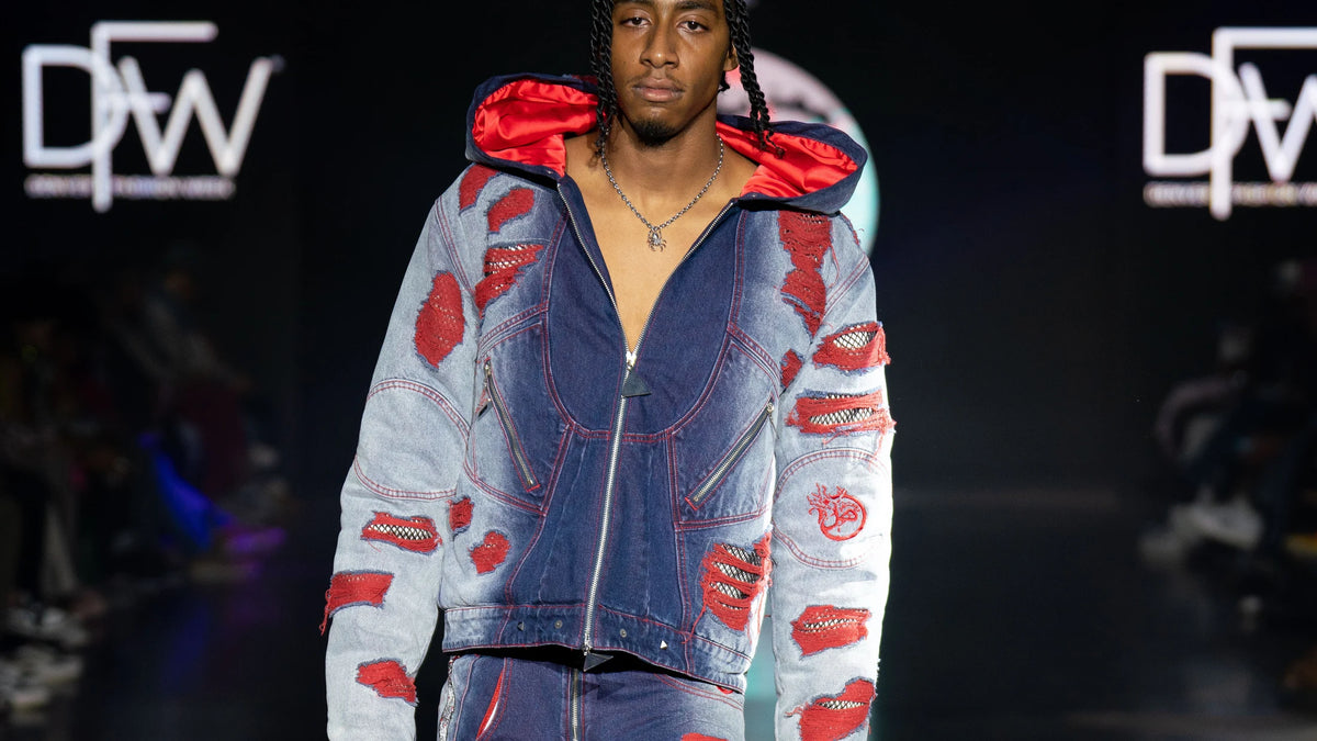 Red-marked denim set on the Denver Fashion Week runway