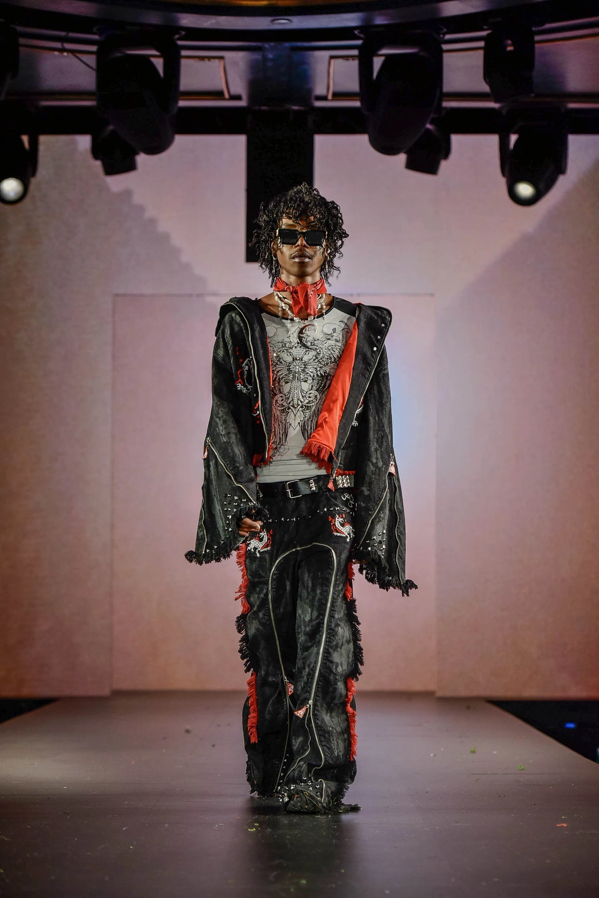 The black waxed denim set walking New York Fashion Week, Runway 7