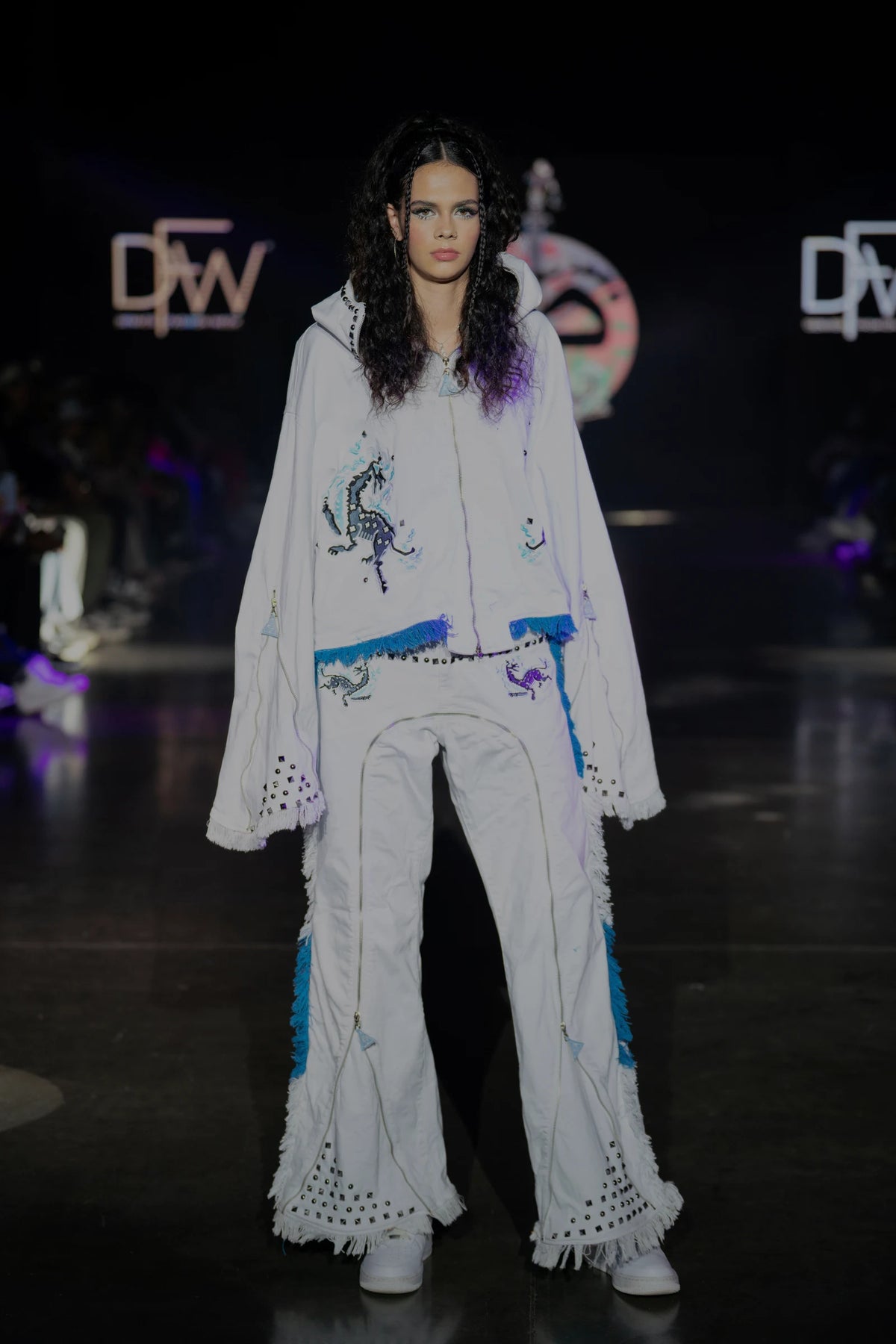 The white denim set on the Denver Fashion Week runway, full look